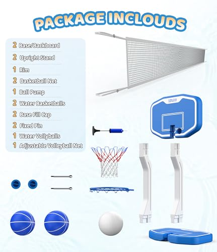 Swimming Pool Basketball & Volleyball Game Set with Hoop, Balls, Net, and Pump H4212