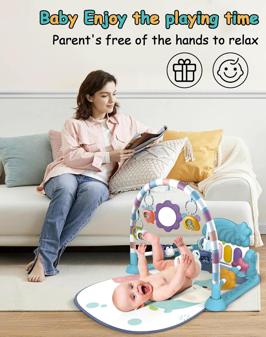 Tummy Time Play Mat with Piano, Foldable Baby Activity Gym Q938