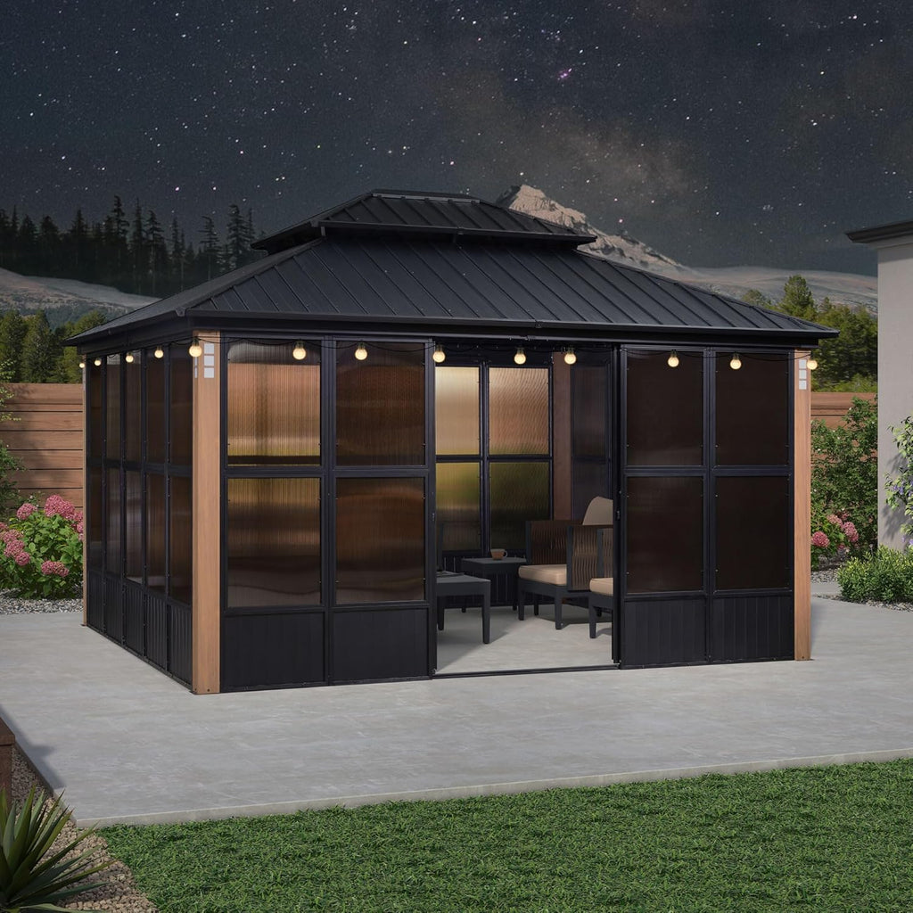 Patio Hardtop Gazebo Double Top Outdoor Screen House with Detachable Windows R7242