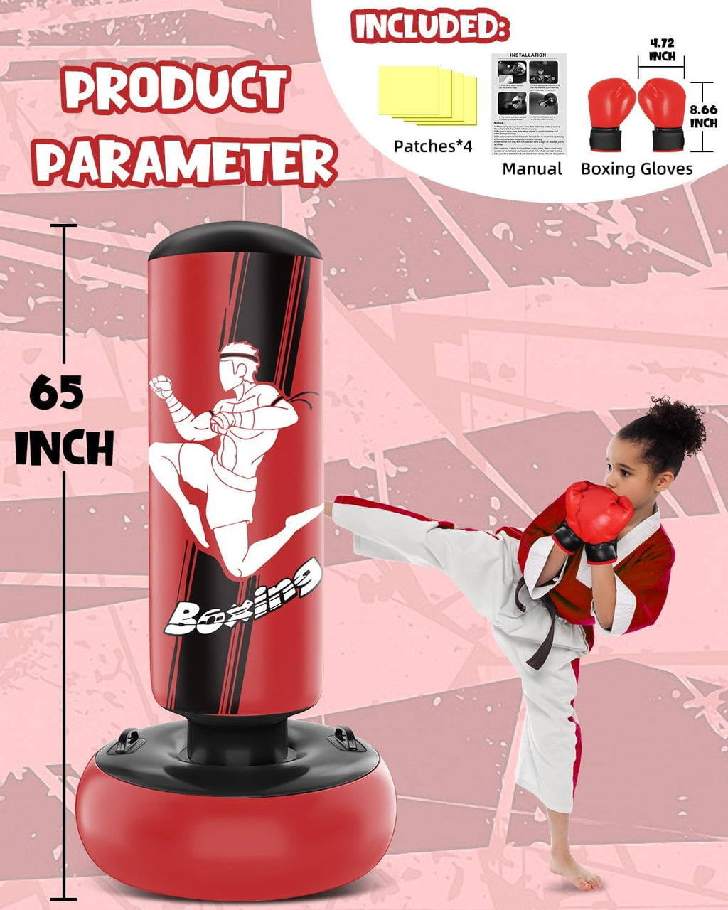 Inflatable Punching Bag for Kids with Boxing Gloves, Freestanding, 66 Inch X8644