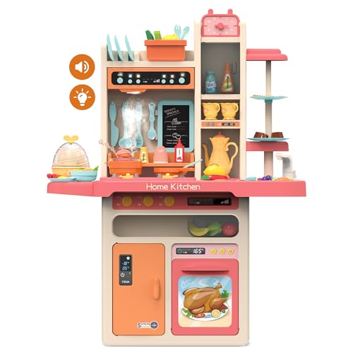Kids' Play Kitchen Set, 27.95 x 11.22 x 36.81 Inch, 65-Piece Toy Kitchen Playset with Functional Faucet, Realistic Steam Effects, Lights and Sounds, and Other Kitchen Accessories (Blue)