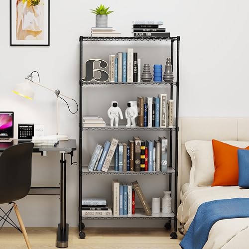 5 Tier NSF Metal Wire Shelving Unit, 60" H x 30" L x 14" D, Heavy Duty Adjustable Storage Rack with Wheels C23549