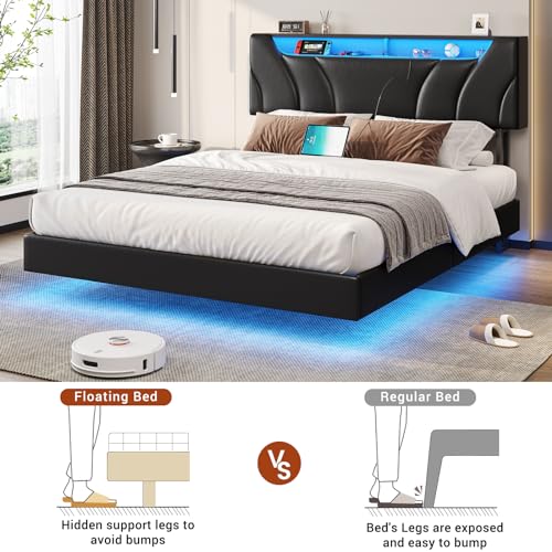 Full Size Floating Bed Frame with LED Lights and Storage Headboard U10902