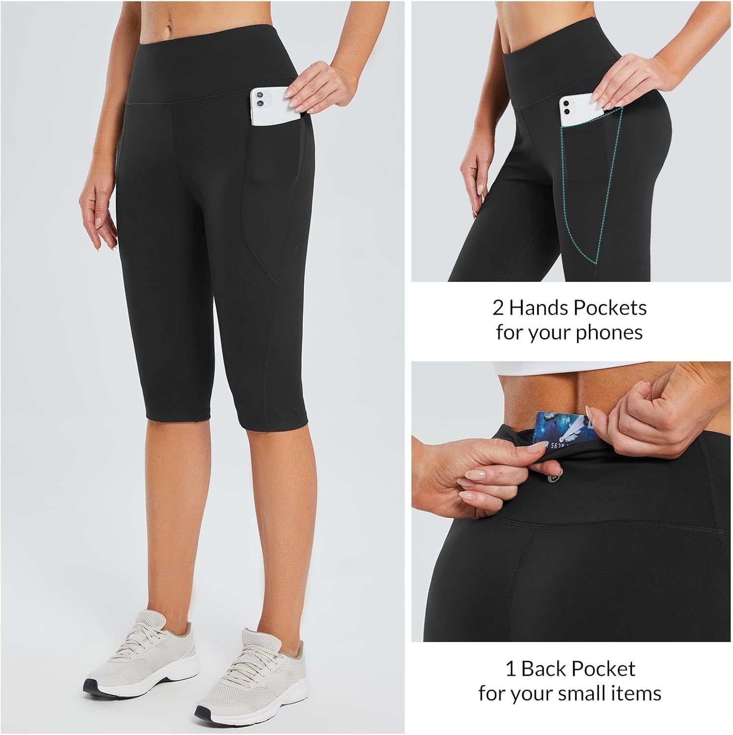Women's Knee Length Capri Leggings with Pockets High Waisted K361329