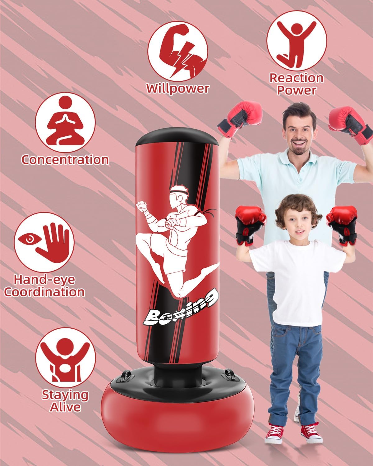 Inflatable Punching Bag for Kids with Boxing Gloves, Freestanding, 66 Inch X8644