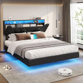 Hasuit Full Size Floating Bed Frame with LED Lights, Full Bed Frame with Storage Headboard, Upholstered Leather Platform Bed with Type-C & USB Port, No Box Spring Needed, Easy Assemble, Black