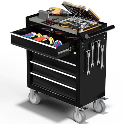 4-Drawer Rolling Tool Chest Toolbox,Tool Chest with Wheels,Tool Storage Cabinet with Locking System,Tool Box Organizer for Garage,Warehouse, Workshop (Black, 4-Drawers)