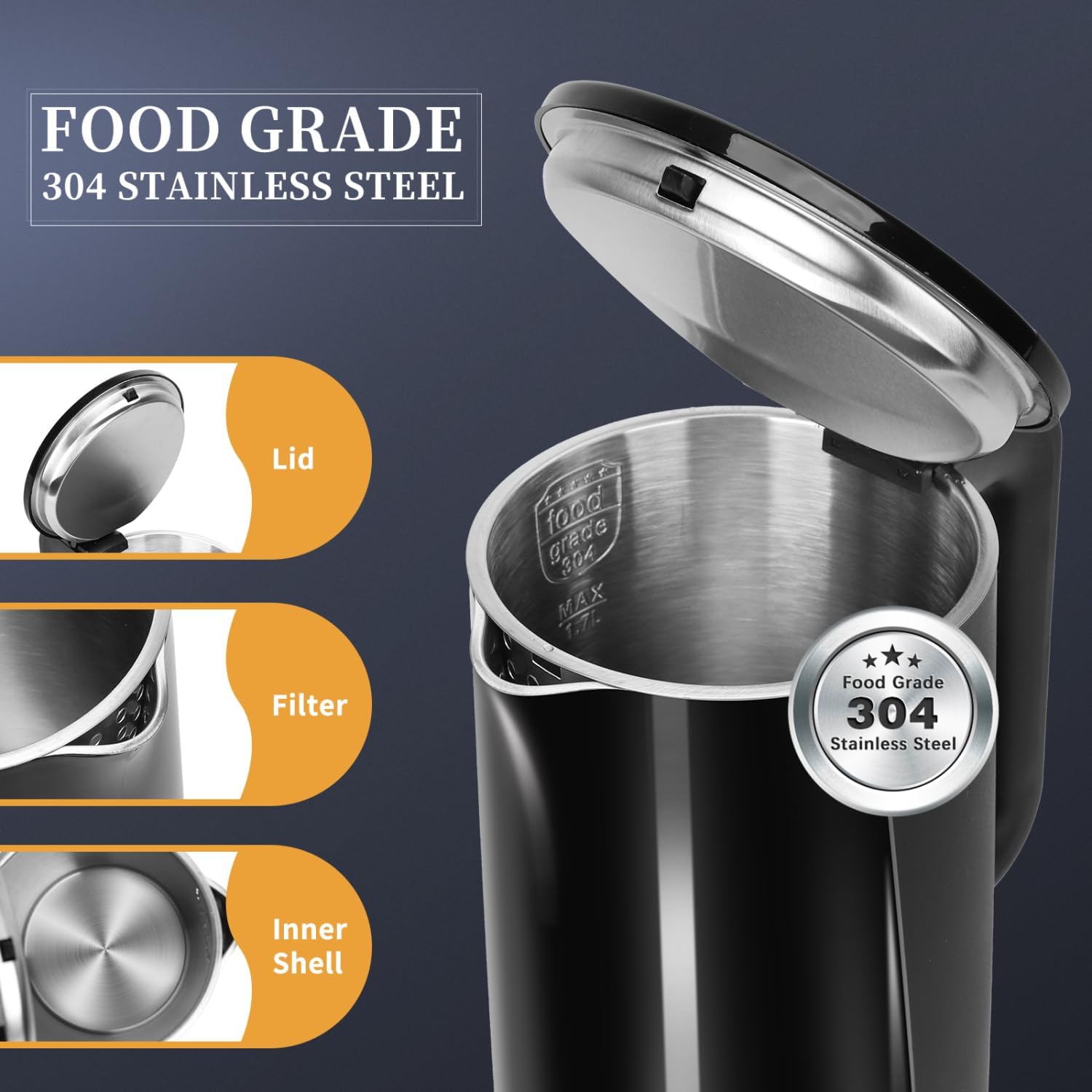 Electric Kettle 1.7L with LED Illuminated Glass and Stainless Steel Interior P499050