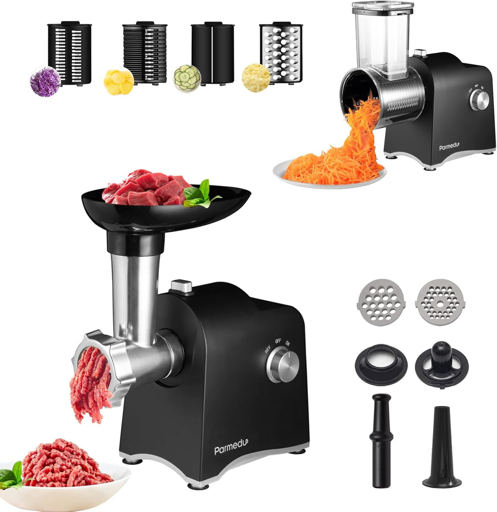 Electric Cheese Grater & Meat Grinder: Parmedu Electric Vegetable Cutter Electric Slicer Shredder Salad Maker - Professional Meat Mincer with 2 Plates, Sausage Maker & Kibbe Kit（Total 11 Attachments）