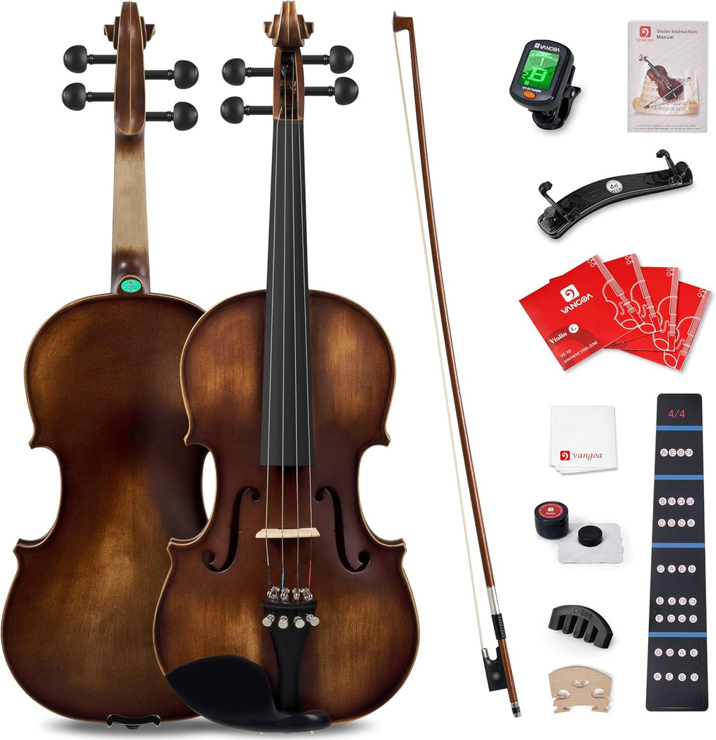 Vangoa Solid Wood Violin 4/4 Full Size Set Fiddle Handmade Varnish, Handcrafted Hardwood Starter Acoustic Violins Kit with Lightweight Hard Case for Beginners, Students, Teens, Adults, Right Handed