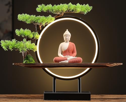 Houlu White Buddha Statue with Green Artificial Tree and LED Circle Table Lamp, Indoor Ceramic Buddha Statues for Home Decor, 16.5 in