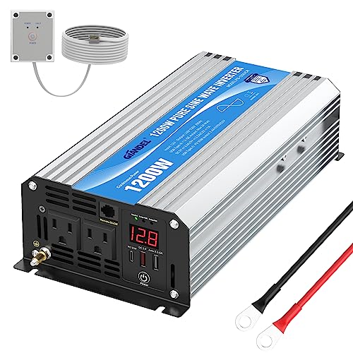 Power Inverter Pure Sine Wave 1200 Watt 12V DC to 120V with USB Ports Type-C PD30W and QC 3.0 Fast Charger with Remote for RV Car Solar System Emergency