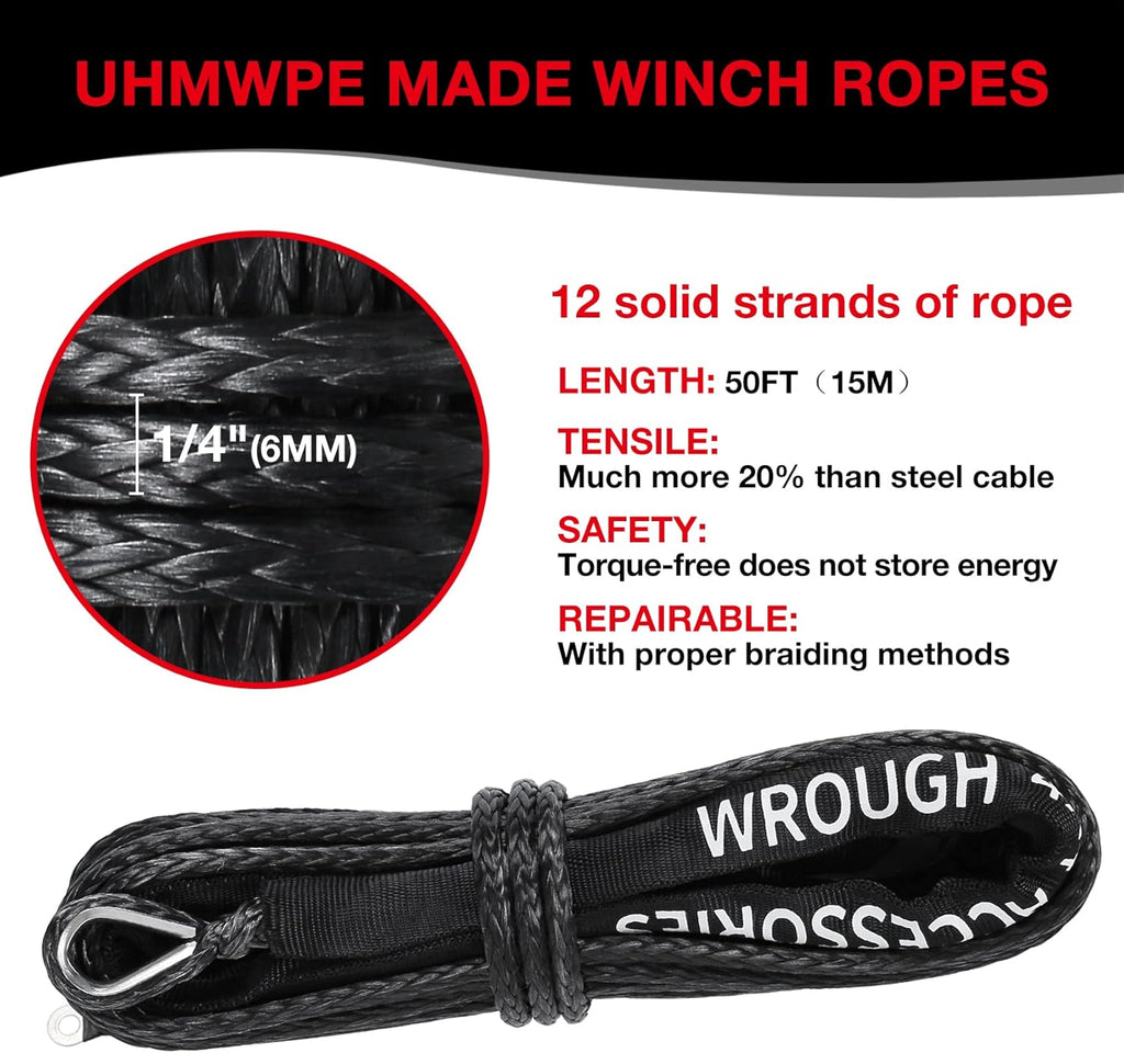 Synthetic Winch Rope 50 ft Heavy Duty with Steel Hook K16348