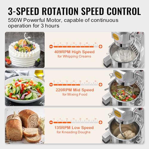 Commercial Food Mixer 10Qt, 3 Speeds, 550W, Stainless Steel Bowl U322