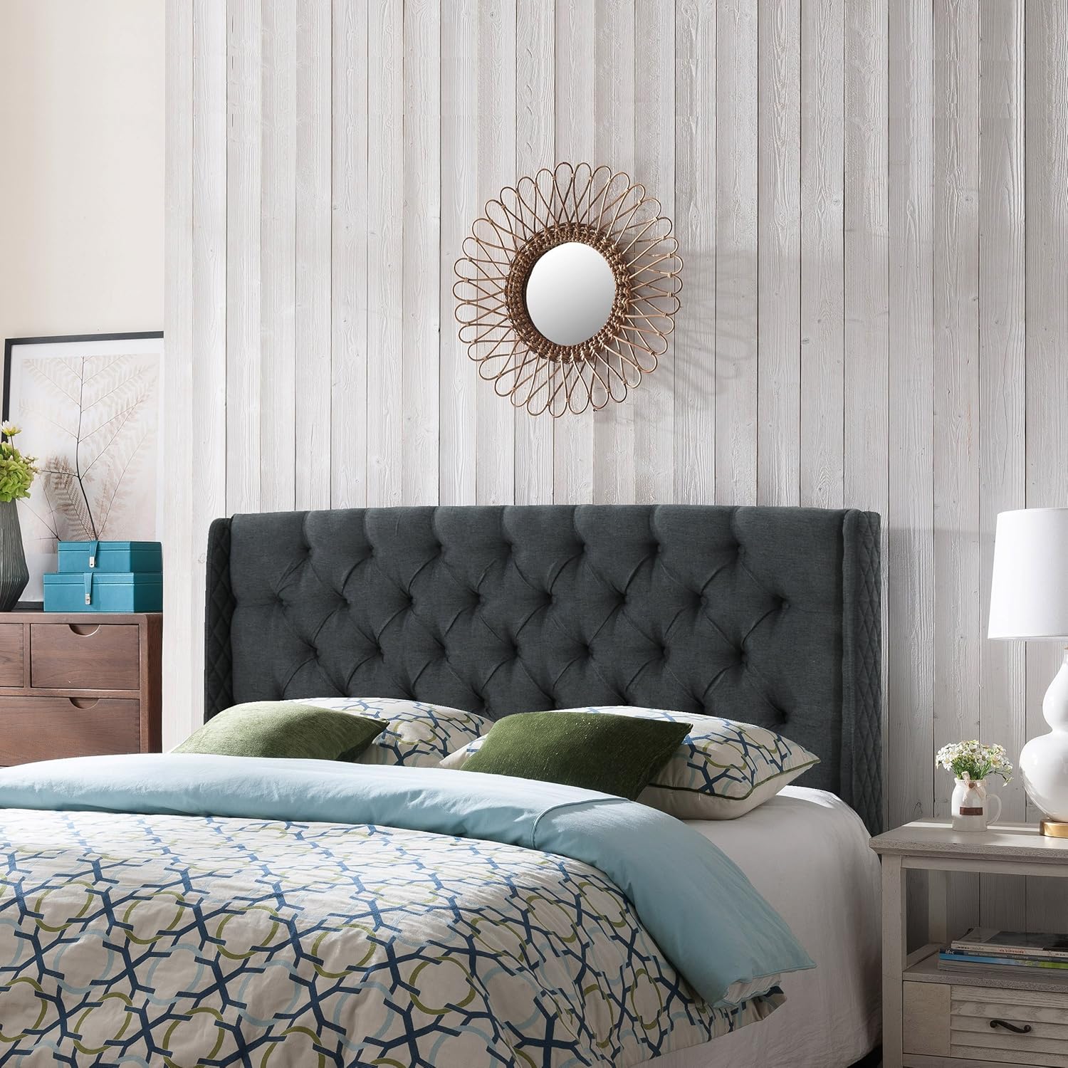 Wingback Tufted Fabric Headboard, Queen / Full, Dark Gray / Black T61067