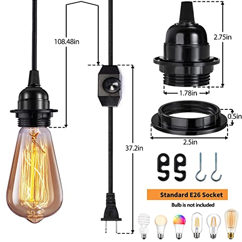 Vintage Plug in Hanging Light Kit, Industrial Pendant Lighting with E26 E27 Socket, 12.14FT Black Cord, 2 Pack G18881