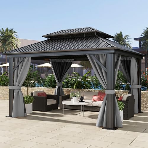 DWVO 10x12ft Hardtop Gazebo Double Roof with Nettings and Curtains, Heavy Duty Galvanized Steel Outdoor Vertical Stripes Roof for Patio, Backyard, Deck, Lawns, Brown