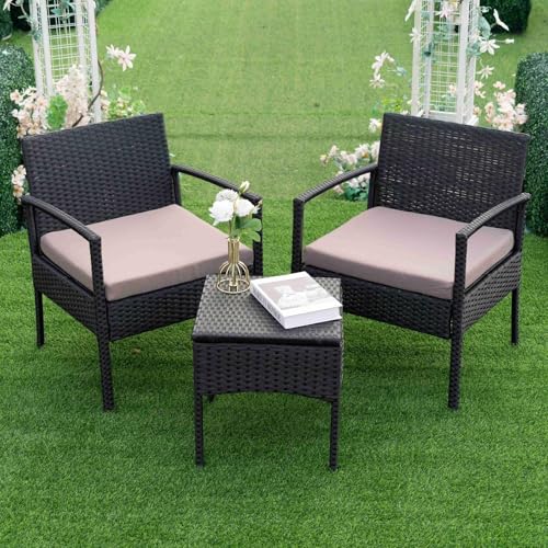 PROHIKER 3 PCS Patio Rattan Conversation Chairs Set, Outdoor Patio Furniture Balcony Furniture Set, Wicker Patio Bistro Set for Garden Porch Balcony Yard, Brown