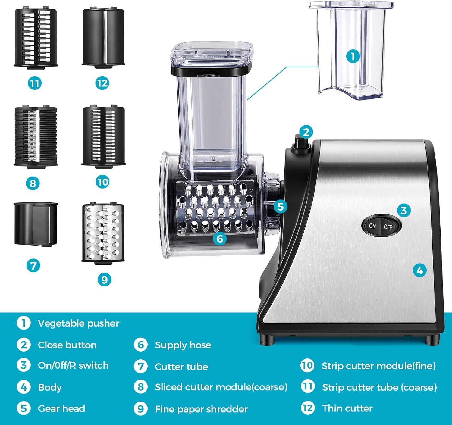 Electric Cheese Grater with 5 Attachments for Vegetables, Fruits, and Cheese O4303