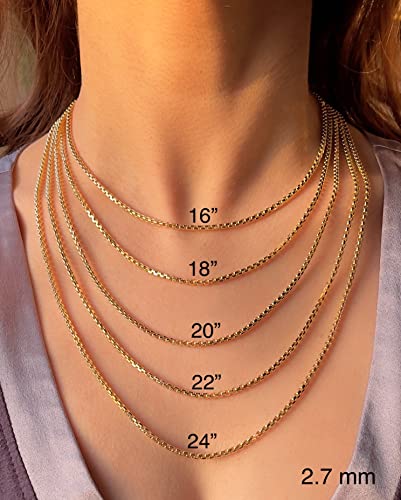 14K Real Gold Round Box Chain Necklace for Men and Women E12507