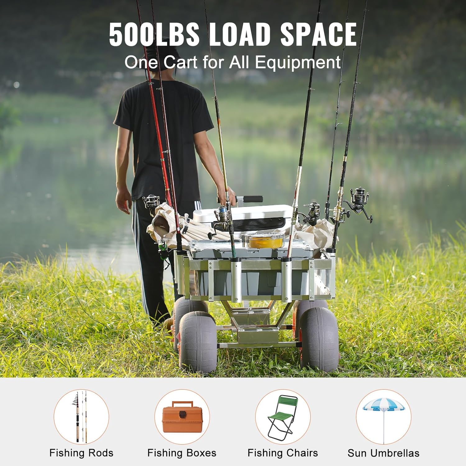 Beach Fishing Cart with 400lbs Capacity, Four 13" Wheels, 6 Rod Holders I16010