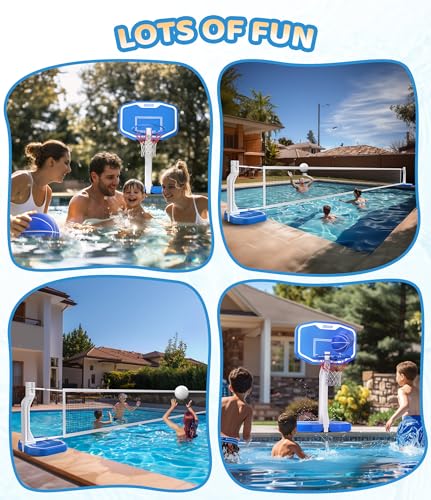 Swimming Pool Basketball & Volleyball Game Set with Hoop, Balls, Net, and Pump H4212