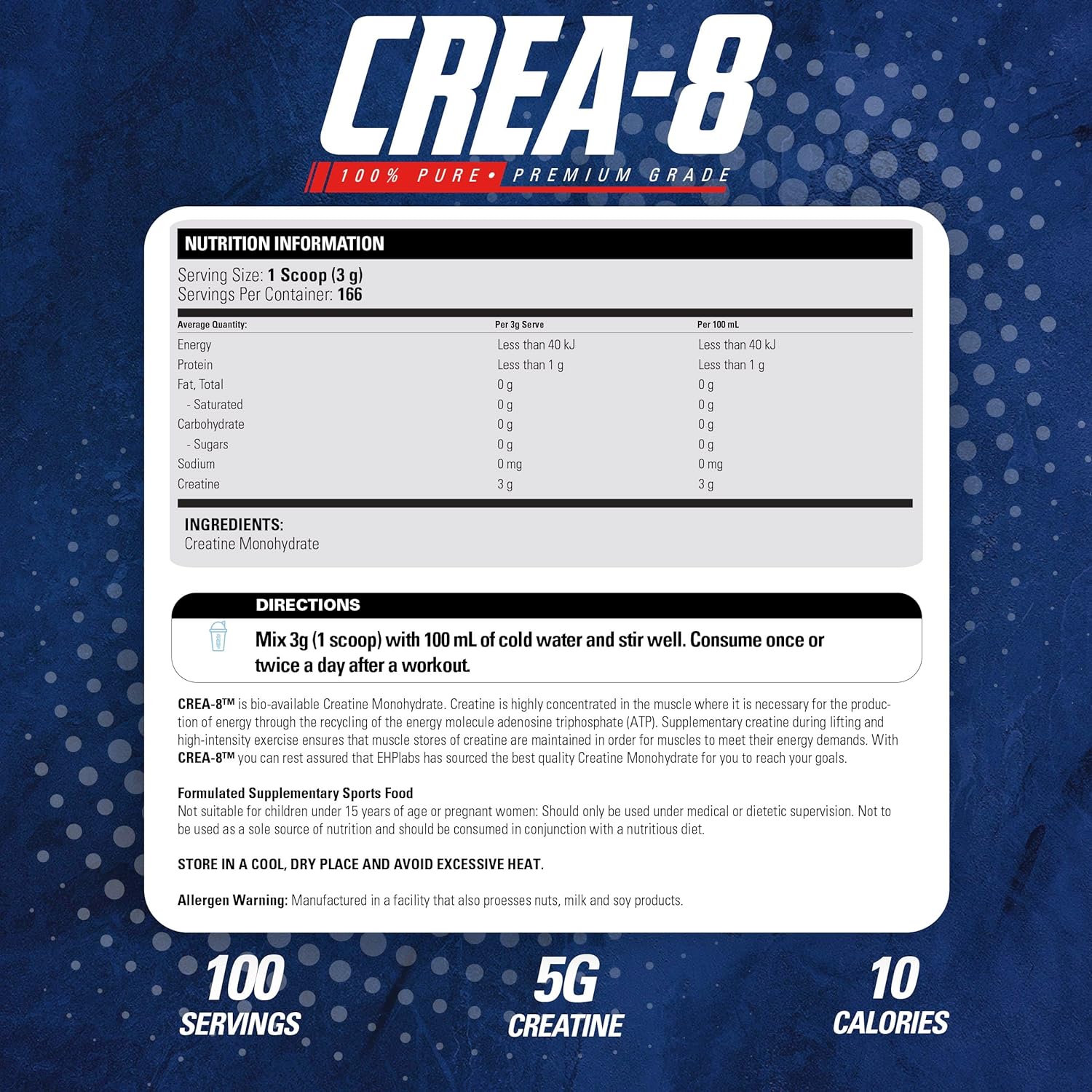Creatine Monohydrate Powder for Muscle Growth, Unflavored, 100 Servings J6984