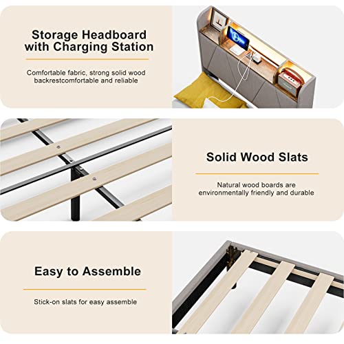 King Bed Frame with Charging Station and Storage Headboard, LED Light, Solid Wood Slats M630