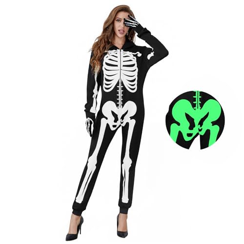 Joy Bang Skeleton Costume Women, Halloween Glow in the Dark Skull Onesie Bodysuit with Gloves, Adult Skeleton Pajamas Jumpsuit Outfit, XL Black