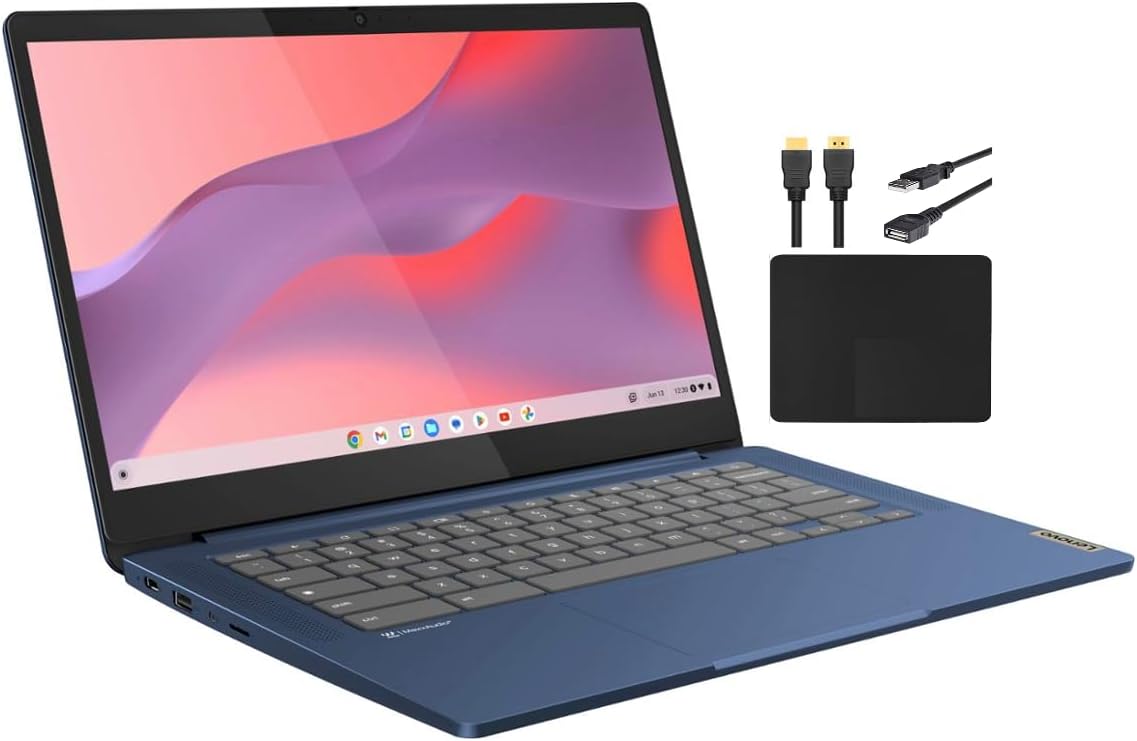 Lenovo 2023 Newest 14'' FHD Touchscreen Slim 3 Chromebook Laptop Business Student, 8-Core MediaTek Kompanio 520 Processor, 4GB RAM, 64GB eMMC, WiFi 6,Chrome OS+MarxsolCables, Abyss Blue