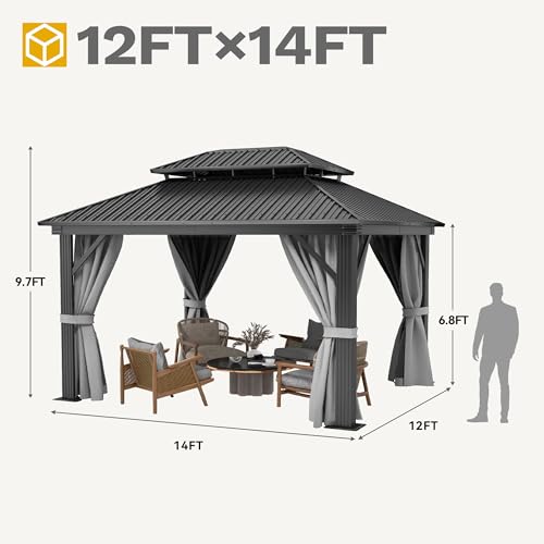 10x12ft Hardtop Gazebo Double Roof with Nettings and Curtains, Galvanized Steel Outdoor Patio N71381