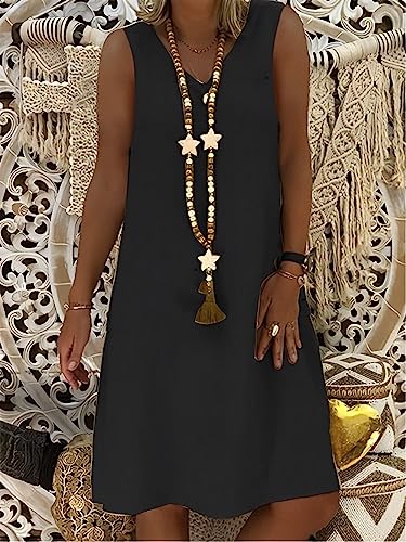 Women's Casual Cotton Linen Midi Dress V Neck Sleeveless K4761