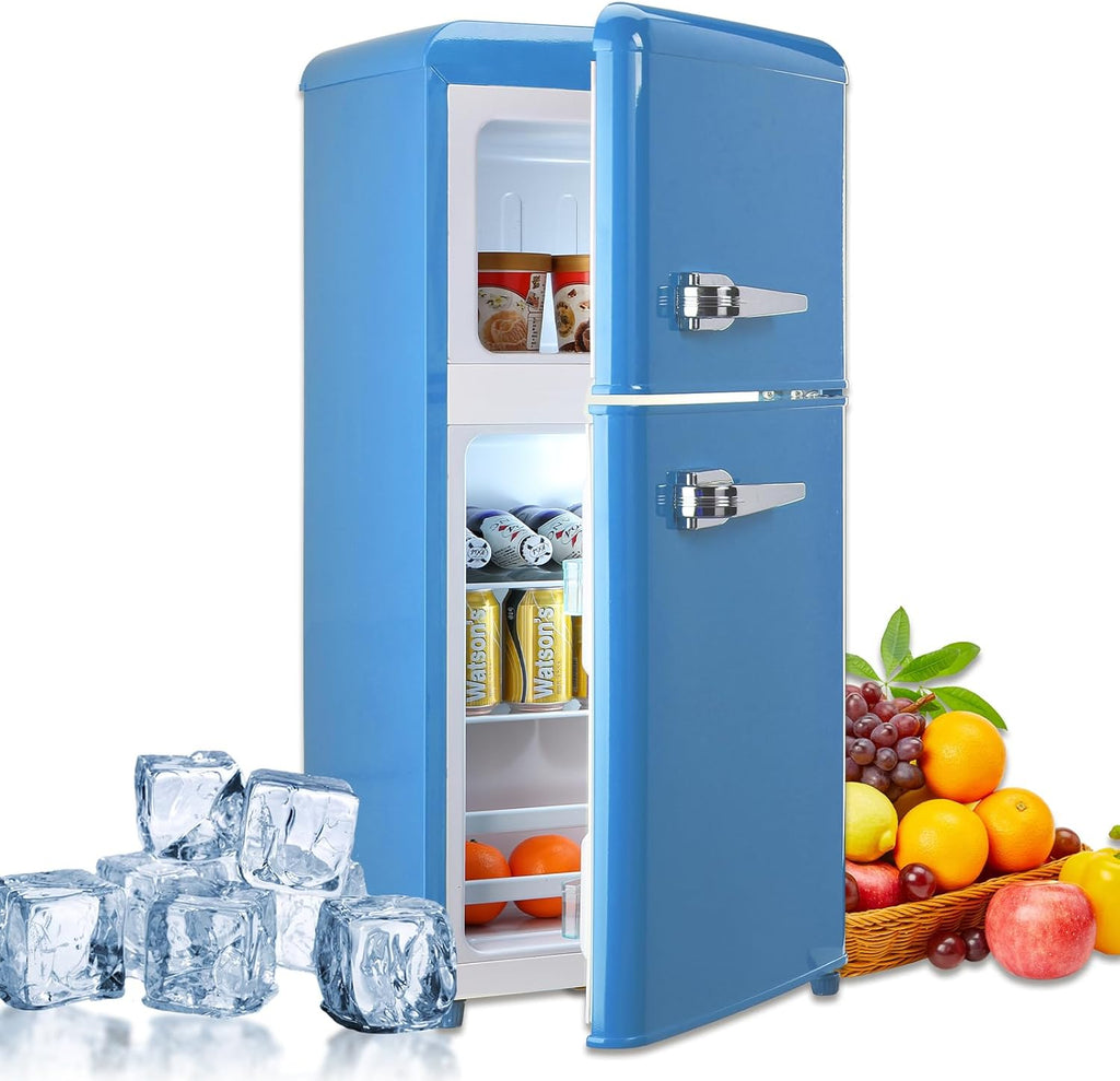 Compact Refrigerator Double Door Mini Fridge with Freezer, 3.5 Cu.ft Mini Refrigerator with 7 Level Adjustable Thermostat for Office, Dorm, Apartment, Blue