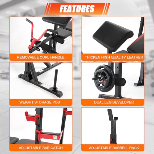 Adjustable Weight Bench with Squat Rack, Leg Extension and Preacher Curl Pad for Home Gym E89871