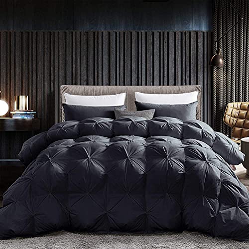 Luxurious All-Season Goose Down Feather Fiber Comforter Queen Size Duvet Insert, Premium White Solid Plain Design, Premium Baffle Box, 100% Egyptian Cotton, 70 oz Fill Weight