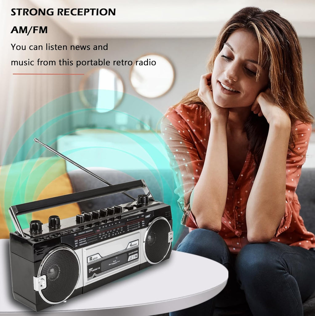 Retro Bluetooth Boombox with AM/FM Radio, Cassette to USB Converter, Black H746066