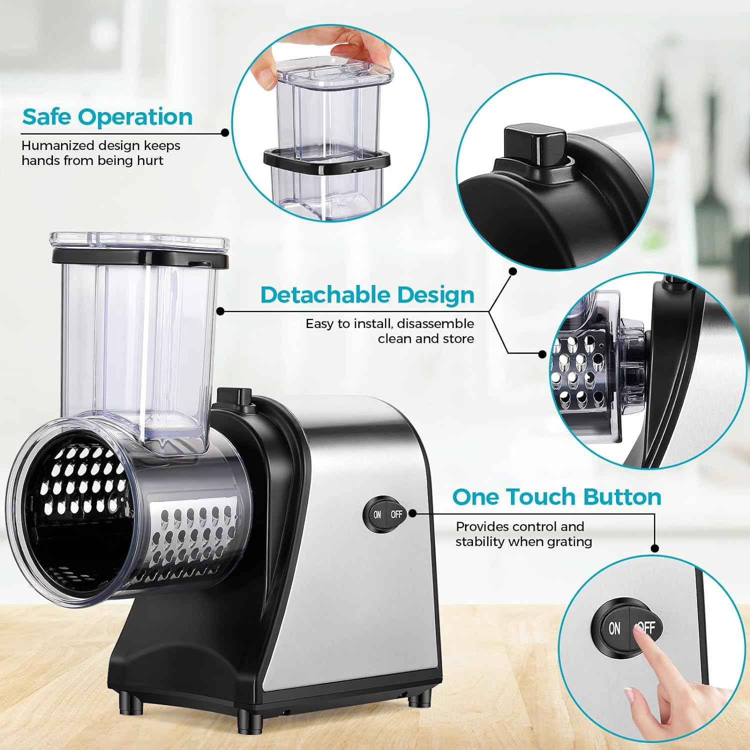 Electric Cheese Grater with 5 Attachments for Vegetables, Fruits, and Cheese O4303
