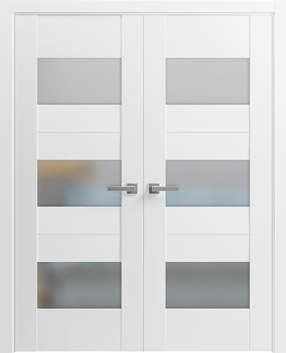 VDOMDOORS Solid French Double Doors 36 x 80 inches Opaque Glass/Sete 6003 White Silk/Wood Solid Panel Frame/Closet Bedroom Modern Doors