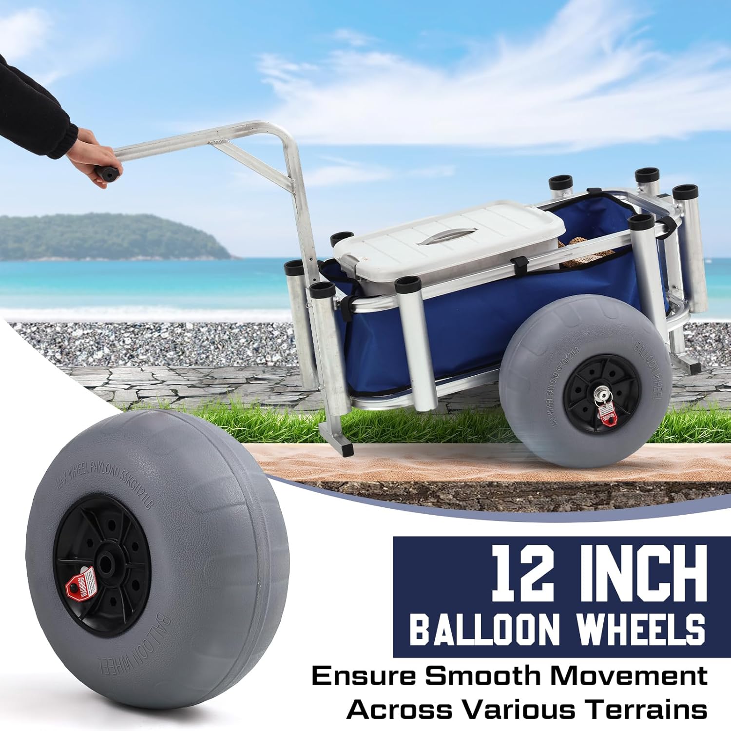 Beach Fishing Cart with Balloon Wheels, Heavy Duty Aluminum, Large Basket S26648