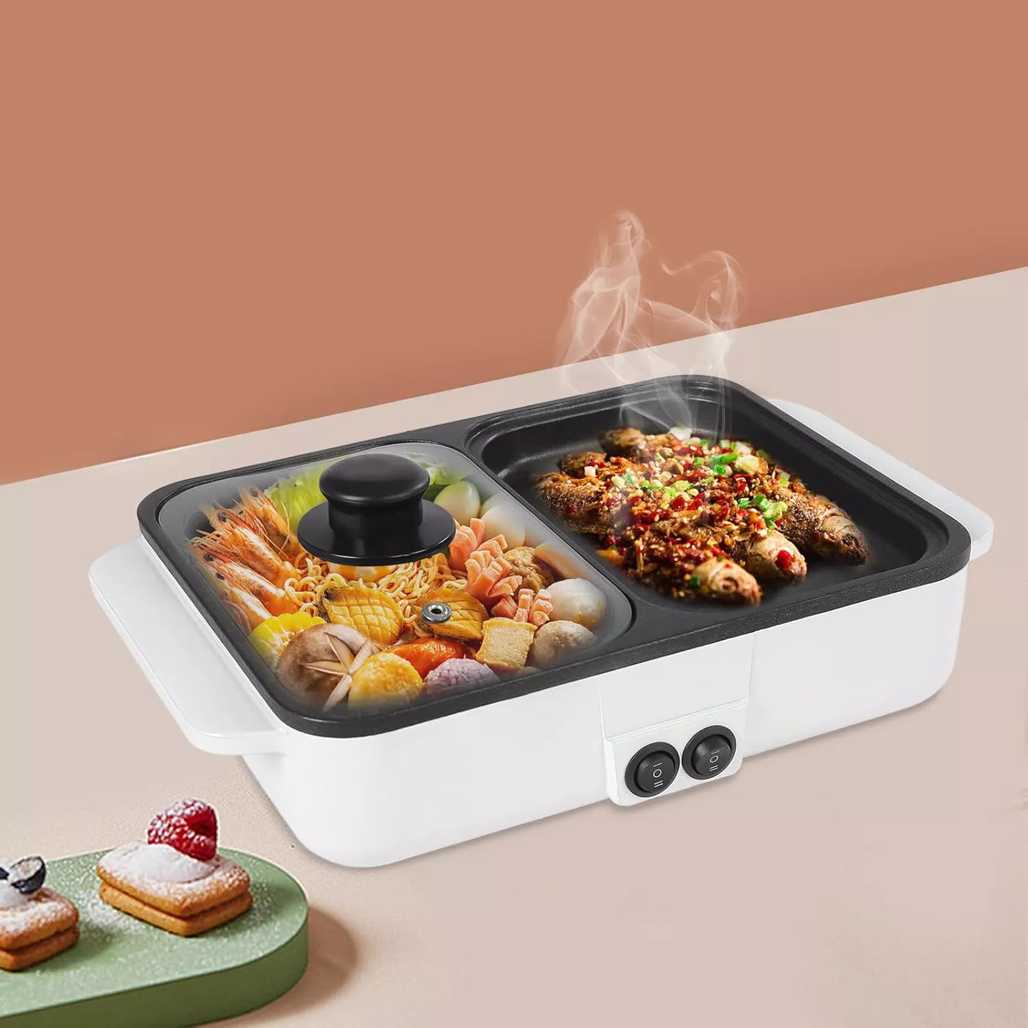 Electric Hot Pot With Grill, 2 in 1 Indoor Non-Stick Smokeless Electric Pot and Griddle for Korean BBQ, Steaks, Shabu Shabu and Noodles, Independent Dual Temperature Control, White