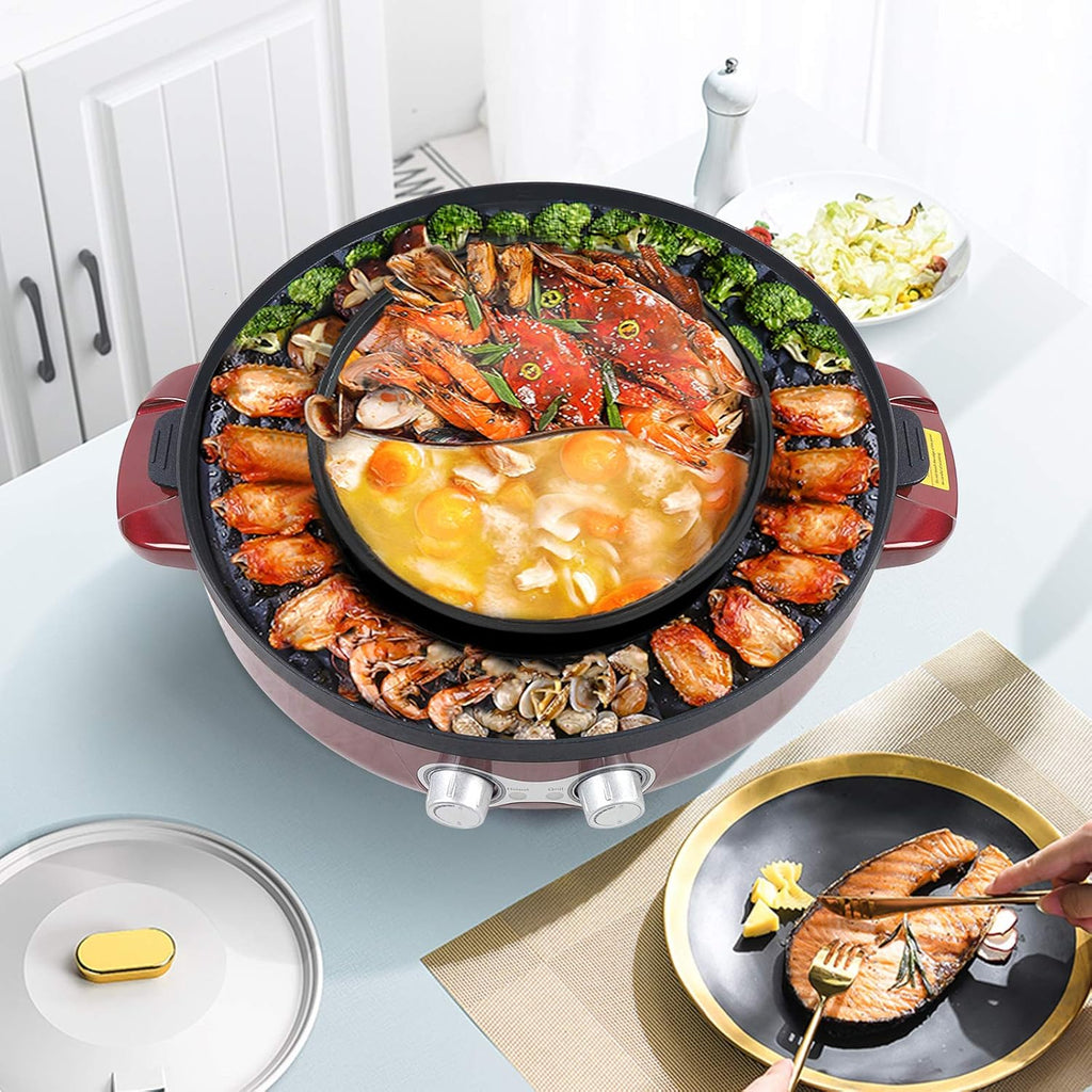Electric Grill and Hot Pot, 2 in 1 Hot Pot with Grill with Dual Temp Control 2000W Electric Korean BBQ Grill Smokeless Hot Pot Grill with Nonstick Coating for Family and Friends Gathering