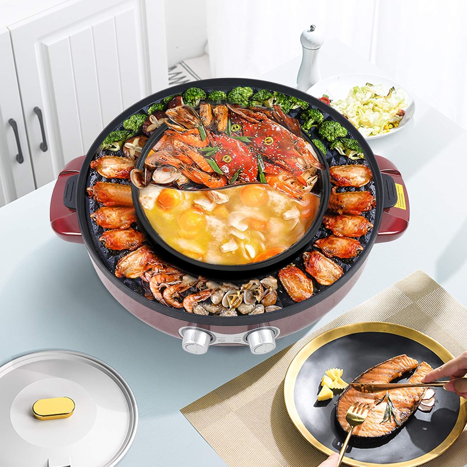 Electric Grill and Hot Pot, 2 in 1 Hot Pot with Grill with Dual Temp Control 2000W Electric Korean BBQ Grill Smokeless Hot Pot Grill with Nonstick Coating for Family and Friends Gathering