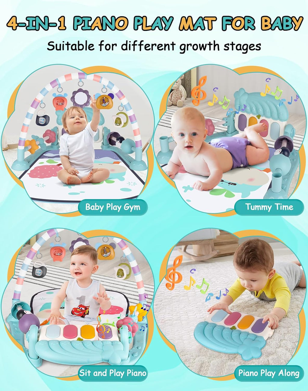 Tummy Time Play Mat with Piano, Foldable Baby Activity Gym Q938