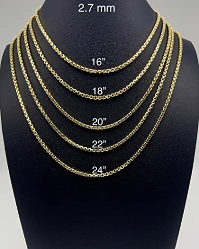 14K Real Gold Round Box Chain Necklace for Men and Women E12507