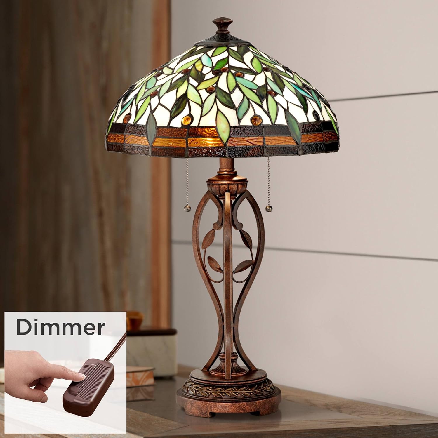 Tiffany Style Table Lamp with Stained Glass Shade and Dimmer X9842