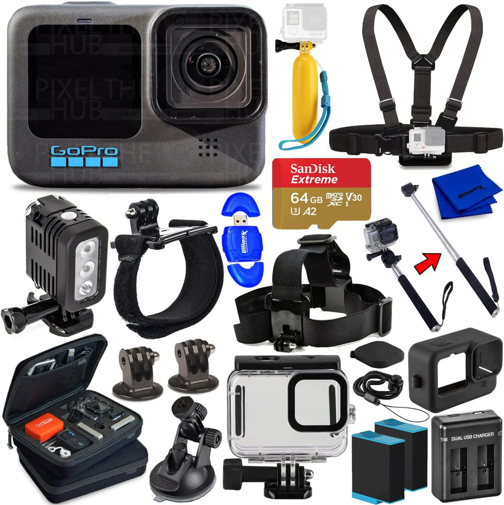 GoPro HERO10 Hero 10 Camcorder Black - Ultimate Bundle Includes: Sandisk Ultra 64GB microSD, 2X Extra Batteries, Charger, Underwater Housing, LED Light Kit, Carry Case and More