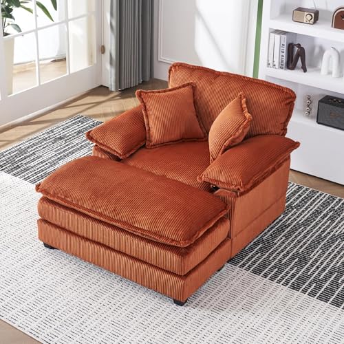 Oversized Chaise Lounge Chair Indoor, 56.3" Corduroy Upholstered Cloud Sofa Couch with Ottoman & 2 Lumbar Pillows, Comfy Single Deep Seat Sofa Armchair for Living Room Bedroom Office (Green)