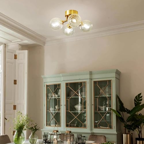 Bubble Ball Semi Flush Mount Chandelier, 13" 4-Light Brass and Clear Glass, Close to Ceiling Light Fixture V994