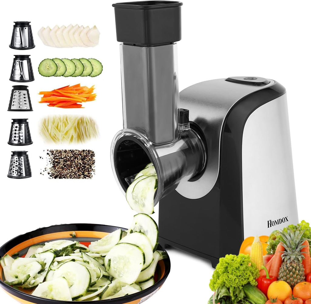 Homdox Electric Cheese Grater 5 in 1 Professional Electric Shredder Vegetable Silcer 150W One-Touch Control Salad Maker for Cheese, Chocolate, Fruits, Vegetables, Electric Grater