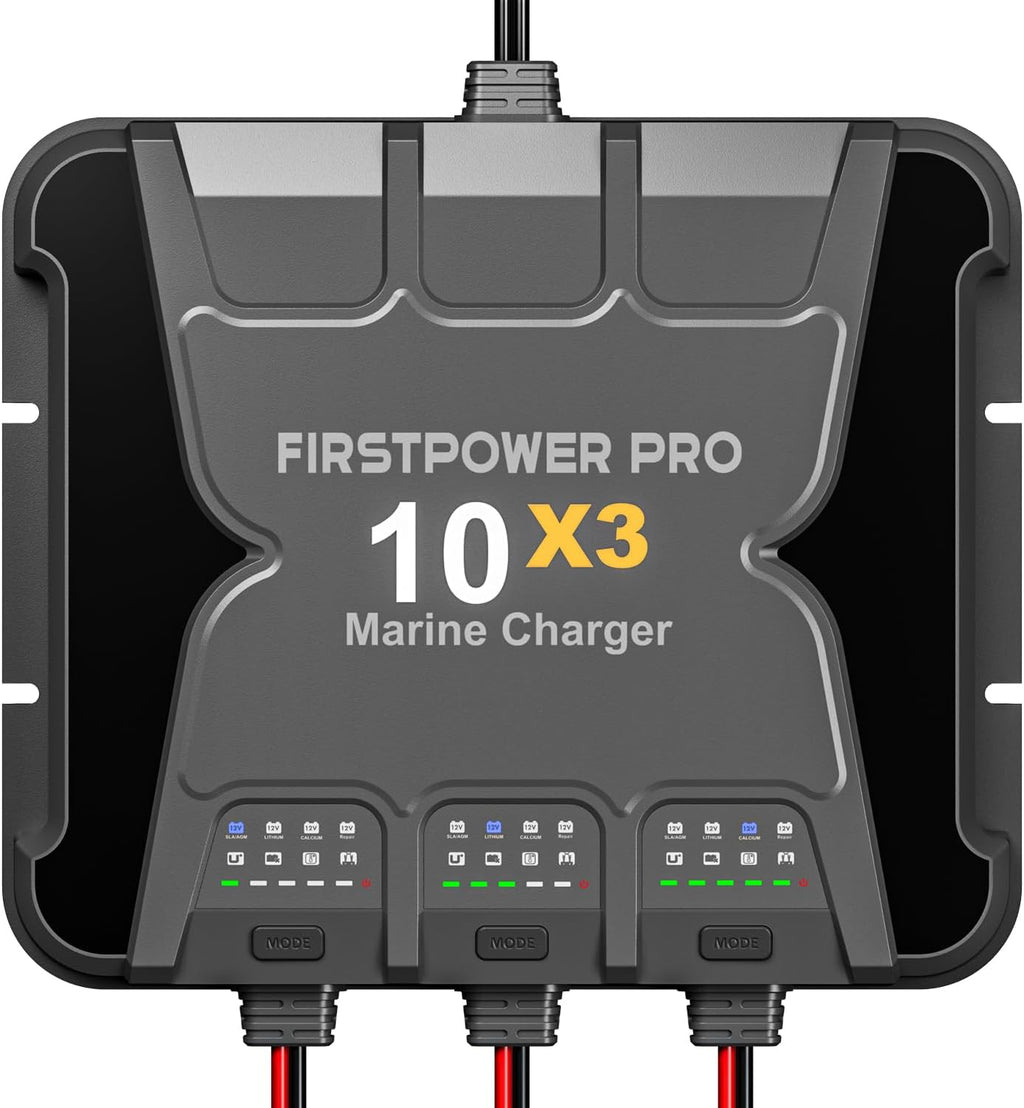 3 Bank Marine Battery Charger 10X3, 30A (10A/Bank) - 12V Waterproof Onboard Battery Charger, Battery Maintainer & Desulfator for SLA/AGM, Lithium (LiFePO4), Calcium & Deep-Cycle Battery - Charged 24/7